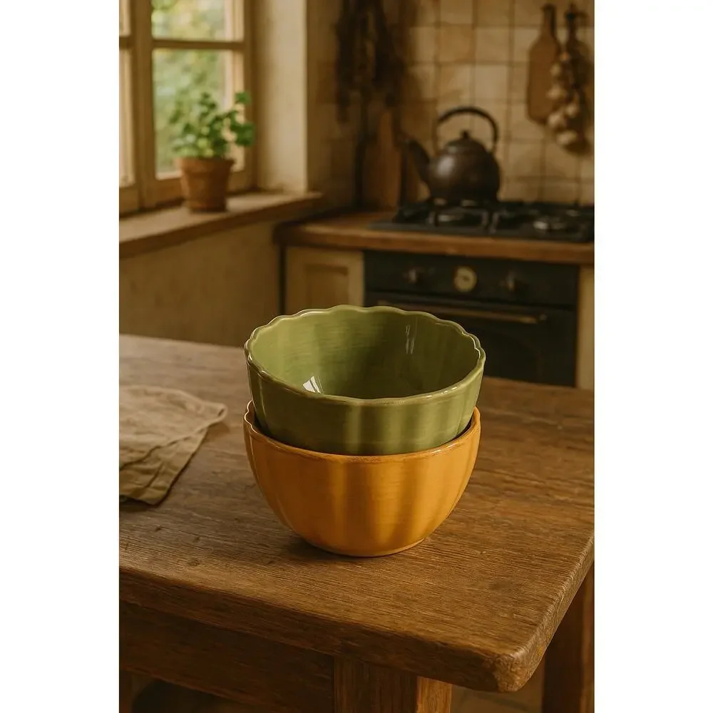 Set of 2 Vintage Roscher & Co. Bowls Bellini Collection Stoneware Green Yellow